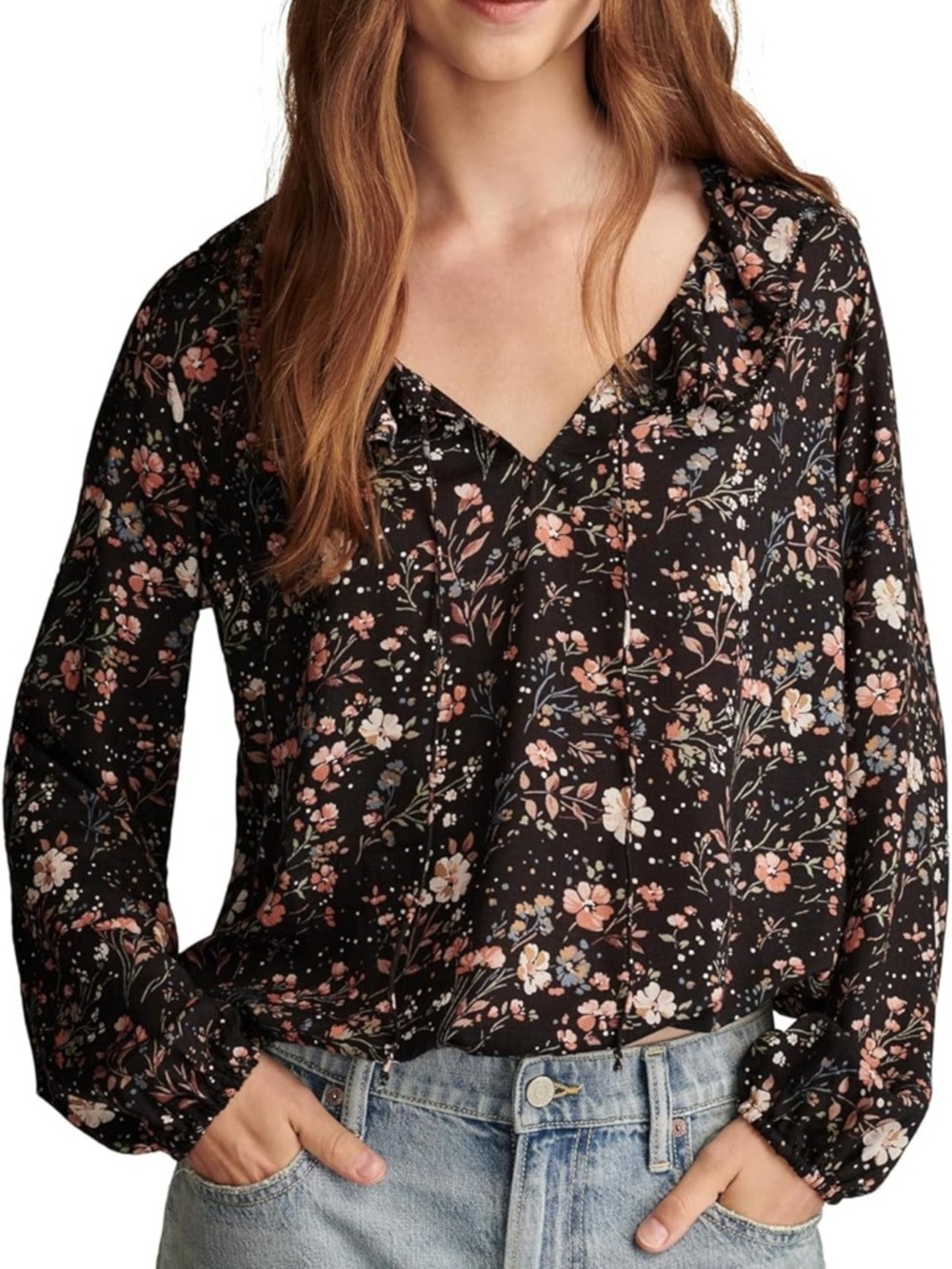 Lucky Brand Women’s Black Floral V-Neck Long-Sleeve Top